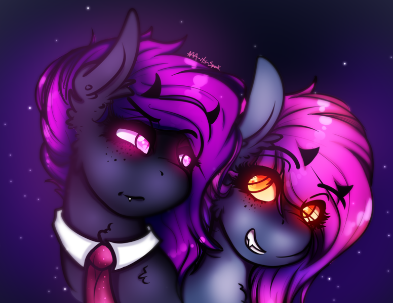 Size: 897x694 | Tagged: accessories, artist:aaa-its-spook, demon, demon pony, derpibooru import, ear piercing, earring, fangs, female, glowing eyes, horns, jewelry, necktie, oc, oc:gloam, oc:spook, orange eyes, piercing, pink eyes, purple hair, safe, simple background, sisters, smiling, smirk, stars, unofficial characters only