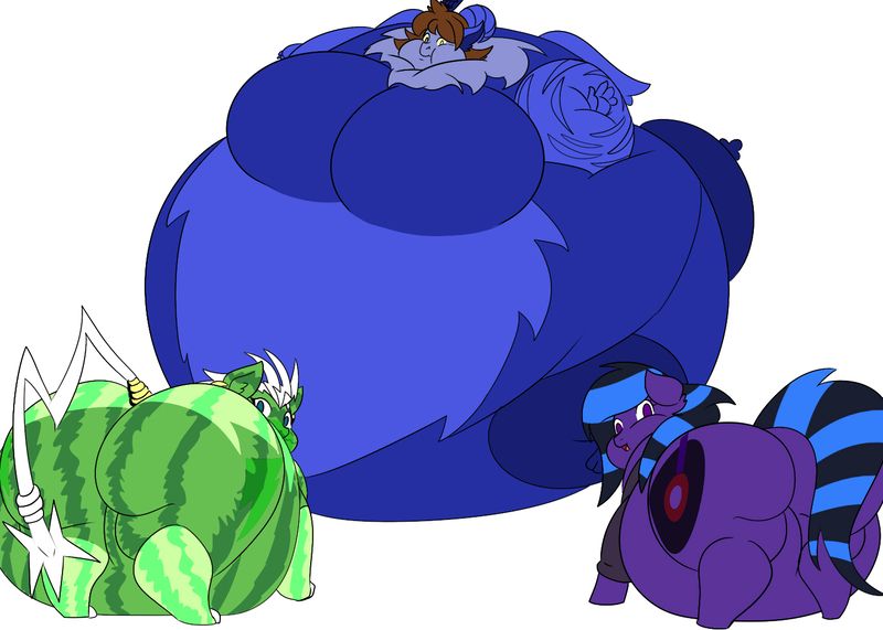 Size: 1400x1000 | Tagged: suggestive, artist:mad'n evil, derpibooru import, oc, oc:glowstick explosion, oc:wonka, oc:zurie, unofficial characters only, draconequus, pegasus, pony, zebra, belly, bingo wings, blueberry, blueberry inflation, breasts, female, food, grape, huge butt, impossibly large belly, impossibly large butt, inflation, large butt, plot, rear view, simple background, trio, watermelon, watermelon inflation, white background, wonkaberry