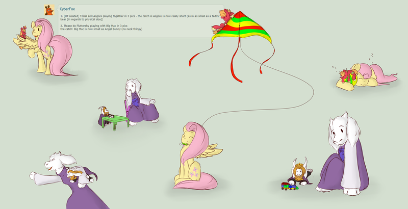 Size: 4603x2358 | Tagged: artist:aaftergloweeye, asgore dreemurr, ball, big macintosh, bow, crossover, derpibooru import, fluttershy, green background, hair bow, kite, micro, safe, simple background, sleeping, tiny ponies, toriel, toy train, undertale, zzz