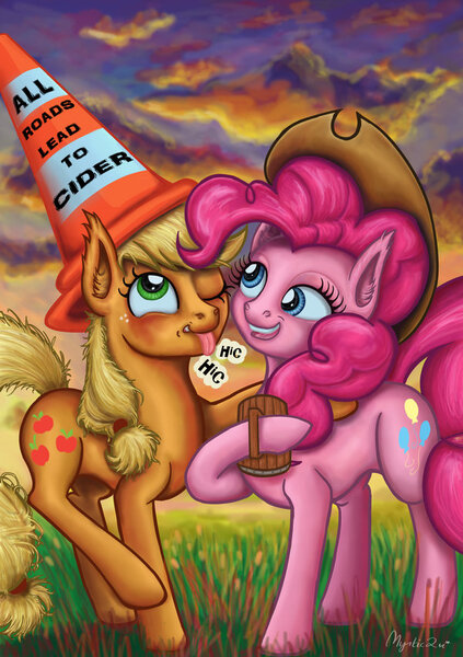 Size: 600x851 | Tagged: safe, artist:mystic2u, derpibooru import, applejack, pinkie pie, pony, cider, drunk, drunk aj, hat, mug, tankard, traffic cone