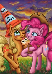 Size: 600x851 | Tagged: safe, artist:mystic2u, derpibooru import, applejack, pinkie pie, pony, cider, drunk, drunk aj, hat, mug, tankard, traffic cone