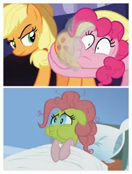 Size: 3106x4096 | Tagged: safe, derpibooru import, edit, edited screencap, screencap, applejack, pinkie pie, earth pony, pony, applebuck season, shadow play, baked bads, butt touch, butthug, face fart, faceful of ass, fart, fart edit, female, green face, hug, mare, pinkie hugging applejack's butt, sick