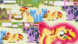 Size: 2564x1444 | Tagged: safe, artist:hakunohamikage, derpibooru import, sunset shimmer, trixie, twilight sparkle, twilight sparkle (alicorn), alicorn, pony, ask-princesssparkle, armor, ask, dusk guard, magic, tumblr