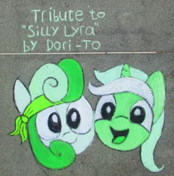 Size: 1242x1251 | Tagged: safe, artist:malte279, derpibooru import, bon bon, lyra heartstrings, sweetie drops, earth pony, pony, unicorn, comic:silly lyra, chalk drawing, female, lesbian, lyrabon, shipping, silly, silly lyra, traditional art, tribute