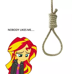 Size: 996x1024 | Tagged: semi-grimdark, derpibooru import, sunset shimmer, equestria girls, rainbow rocks, abuse, background pony strikes again, blatant lies, downvote bait, female, implied hanging, implied suicide, lies, noose, op is wrong, rope, sad, shimmerbuse, solo, sunsad shimmer