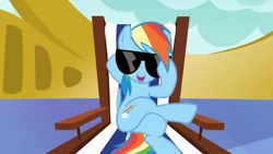 Size: 1920x1080 | Tagged: chillaxing, crossed legs, cutie mark, derpibooru import, every little thing she does, female, rainbow dash, reclining, roof, safe, screencap, solo, sunglasses