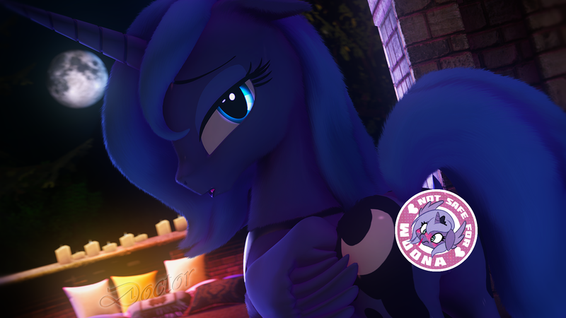 Size: 1920x1080 | Tagged: questionable, artist:doctorthei, derpibooru import, edit, princess luna, alicorn, pony, 1000 hours in ms paint, 3d, bedroom eyes, censored, female, fluffy, looking at you, looking back, mare, moon, night, not safe for woona, s1 luna, solo, solo female, source filmmaker, wallpaper, wallpaper for the fearless