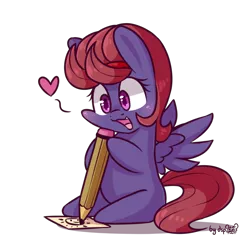 Size: 1238x1238 | Tagged: safe, artist:dsp2003, derpibooru import, oc, oc:quick draw, pegasus, pony, 30 minute art challenge, bipedal, blushing, chibi, cute, female, heart, mare, open mouth, pencil, simple background, sitting, style emulation, transparent background