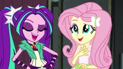 Size: 1280x720 | Tagged: safe, artist:bigpurplemuppet99, artist:ktd1993, derpibooru import, edit, aria blaze, fluttershy, equestria girls, ariashy, clothes, female, flutterblaze, lesbian, shipping, tanktop