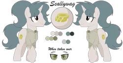 Size: 877x452 | Tagged: safe, artist:mlpcrystalharmony, artist:selenaede, derpibooru import, oc, oc:scallywag, unofficial characters only, pony, unicorn, base used, clothes, jewelry, male, necklace, pirate, reference sheet, shirt, simple background, solo, stallion, transparent background