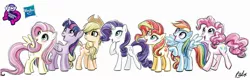 Size: 2099x675 | Tagged: safe, artist:ritalux, derpibooru import, official, applejack, fluttershy, pinkie pie, rainbow dash, rarity, sunset shimmer, twilight sparkle, twilight sparkle (alicorn), alicorn, earth pony, pegasus, pony, equestria girls, equestria girls series, alternate mane seven, cute, cutie mark, hasbro logo, mane six, official art, simple background, smiling, white background, wings