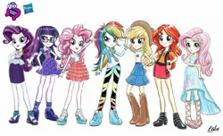 Size: 2165x1319 | Tagged: safe, artist:ritalux, derpibooru import, official, applejack, fluttershy, pinkie pie, rainbow dash, rarity, sci-twi, sunset shimmer, twilight sparkle, equestria girls, equestria girls series, cute, eqg promo pose set, equestria girls logo, equestria girls prototype, hasbro logo, humane five, humane seven, humane six, looking at you, my little pony logo, official art, simple background, smiling, white background