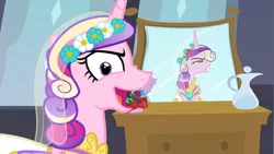 Size: 1280x720 | Tagged: a canterlot wedding, animation error, clothes, derpibooru import, disguise, disguised changeling, dress, evil grin, fake cadance, flower, flower in hair, grin, laughing, mirror, one eye closed, princess cadance, queen chrysalis, reflection, safe, screencap, smiling, this day aria, vase, veil