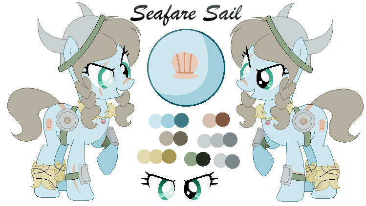 Size: 749x423 | Tagged: safe, artist:mlpcrystalharmony, artist:selenaede, derpibooru import, oc, oc:seafare sail, unofficial characters only, earth pony, pony, armor, base used, eye scar, female, fur, helmet, horned helmet, mare, pirate, reference sheet, scar, shield, simple background, solo, transparent background, viking, viking helmet