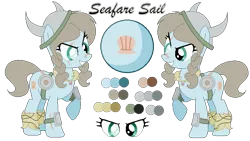 Size: 749x423 | Tagged: safe, artist:mlpcrystalharmony, artist:selenaede, derpibooru import, oc, oc:seafare sail, unofficial characters only, earth pony, pony, armor, base used, eye scar, female, fur, helmet, horned helmet, mare, pirate, reference sheet, scar, shield, simple background, solo, transparent background, viking, viking helmet