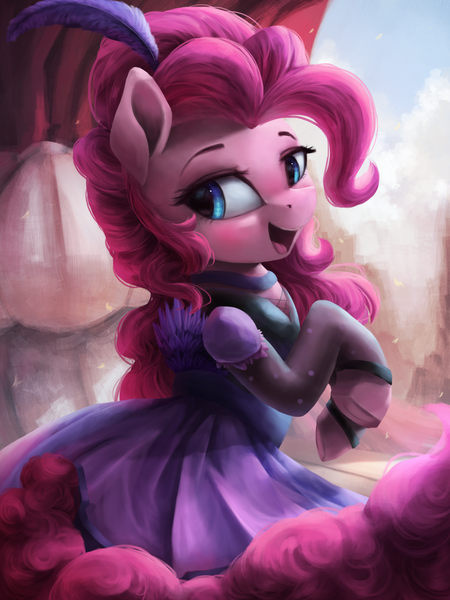 Size: 2250x3000 | Tagged: safe, artist:vanillaghosties, derpibooru import, pinkie pie, earth pony, pony, over a barrel, blushing, clothes, cute, diapinkes, dress, female, lidded eyes, mare, open mouth, saloon dress, saloon pinkie, solo