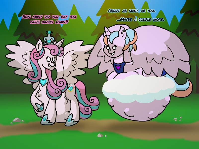 Size: 1280x960 | Tagged: questionable, artist:goodie-bag, derpibooru import, princess flurry heart, oc, oc:bundle joy, alicorn, pony, alicornified, belly, belly bed, big belly, blank eyes, cloud, dialogue, dirt path, duo, duo female, female, females only, fetish, forest, grass, grin, hooves, horn, hyper, hyper pregnancy, impossibly large belly, kicking, looking at each other, lying down, lying on a cloud, mama flurry, mare, multiple pregnancy, no pupils, older, older flurry heart, on a cloud, paint.net, pregnant, prone, race swap, smiling, spread wings, standing, talking, walking, wings