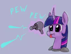 Size: 800x600 | Tagged: safe, alternate version, artist:duskswordsman, derpibooru import, twilight sparkle, pony, unicorn, :p, :t, armor, blaster, bust, curved horn, cute, energy weapon, female, glowing horn, gray background, laser, levitation, magic, mare, pew pew, puffy cheeks, science fiction, simple background, smiling, style emulation, telekinesis, tongue out, twiabetes, weapon