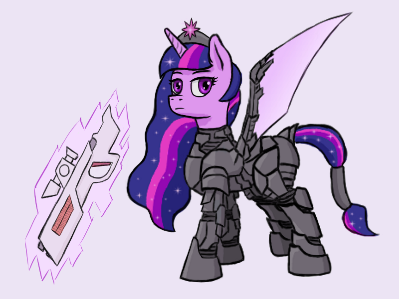 Size: 800x600 | Tagged: safe, artist:duskswordsman, derpibooru import, twilight sparkle, twilight sparkle (alicorn), alicorn, pony, armor, blaster, energy weapon, power armor, science fiction, simple background, weapon