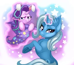 Size: 2400x2100 | Tagged: safe, artist:everlastingderp, derpibooru import, starlight glimmer, trixie, pony, unicorn, bunny ears, bunny out of the hat, clothes, cute, diatrixes, duo, female, glimmerbetes, glowing horn, hat, looking at you, magic, magic trick, mare, silly, silly pony, smiling, starlight is not amused, starry eyes, telekinesis, tongue out, trixie's hat, unamused, wingding eyes