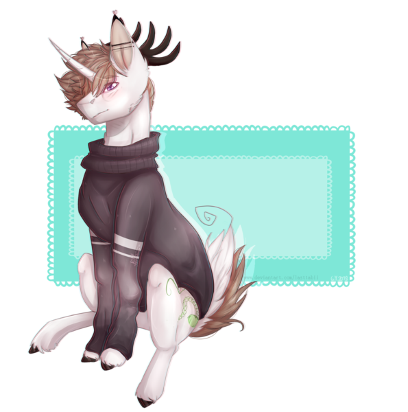 Size: 3668x3700 | Tagged: safe, artist:lastaimin, derpibooru import, oc, oc:zanie, unofficial characters only, pony, unicorn, clothes, deer tail, high res, male, simple background, sitting, solo, stallion, sweater, transparent background