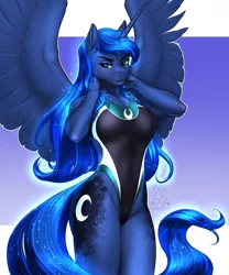 Size: 2375x2850 | Tagged: alicorn, anthro, artist:mykegreywolf, blue lipstick, breasts, clothes, derpibooru import, female, frown, gradient background, high-cut clothing, horn, lipstick, mare, one-piece swimsuit, open mouth, princess luna, raised hand, safe, solo, sports swimsuit, spread wings, stupid sexy princess luna, swimsuit, wings