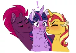 Size: 1280x896 | Tagged: safe, artist:cascayd, derpibooru import, fizzlepop berrytwist, sunset shimmer, tempest shadow, twilight sparkle, pony, unicorn, equestria girls, blushing, broken horn, chest fluff, cute, exclamation point, eyes closed, female, heart, kiss on the cheek, kiss sandwich, kissing, lesbian, polyamory, shipping, simple background, sunsetsparkle, surprise kiss, tempestlight, tempestlightshimmer, twiabetes