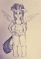 Size: 1486x2142 | Tagged: alicorn, anthro, artist:frootytoots, belly button, clothes, derpibooru import, ear piercing, female, floating wings, floppy ears, hand on hip, mare, monochrome, pencil drawing, piercing, safe, shorts, sketch, solo, tanktop, traditional art, twilight sparkle, twilight sparkle (alicorn), unamused, unguligrade anthro