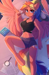 Size: 1752x2686 | Tagged: alicorn, alicorn oc, angled leg, anthro, anthro oc, artist:fensu-san, bed, book, breasts, clothes, derpibooru import, digital art, explicit source, feather, female, lidded eyes, looking at you, lying, lying down, magnifying glass, mare, oc, oc:spectrum dash, on back, paper, pen, ponytail, rainbow hair, safe, sheet, shorts, smiling, solo, spread wings, table, unguligrade anthro, unofficial characters only, wings