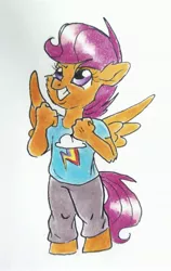 Size: 1983x3147 | Tagged: safe, artist:frootytoots, derpibooru import, scootaloo, anthro, unguligrade anthro, clenched fist, clothes, colored, female, image, jpeg, solo, traditional art