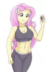 Size: 2078x3248 | Tagged: safe, artist:sumin6301, derpibooru import, fluttershy, equestria girls, belly button, breasts, busty fluttershy, cleavage, clothes, cute, female, midriff, mobile phone, pants, phone, shyabetes, simple background, solo, sports bra, sweatpants, white background