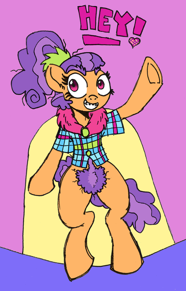 Size: 1457x2277 | Tagged: artist:wootmaster, bottomless, braces, clothes, derpibooru import, excessive pubic hair, partial nudity, plaid stripes, ponytail, pubic hair, questionable, semi-anthro, thick eyebrows