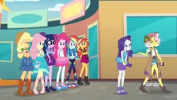 Size: 1280x720 | Tagged: safe, derpibooru import, screencap, applejack, fluttershy, pinkie pie, rainbow dash, rarity, sci-twi, sunset shimmer, twilight sparkle, vignette valencia, equestria girls, equestria girls series, rollercoaster of friendship, boots, clothes, converse, feet, gem, geode of empathy, geode of fauna, geode of shielding, geode of sugar bombs, geode of super speed, geode of super strength, geode of telekinesis, glasses, humane five, humane seven, humane six, jacket, magical geodes, ponytail, sandals, shoes, sneakers