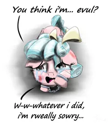 Size: 1500x1700 | Tagged: semi-grimdark, artist:chopsticks, derpibooru import, cozy glow, pegasus, pony, marks for effort, abuse, awkward in hindsight, bow, bruised, chains, comic, cozy glow's true goal, cozybuse, crying, dialogue, female, filly, hair bow, hilarious in hindsight, looking at you, punish the villain, sad, scared, shackles, simple background, solo, text