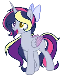 Size: 1328x1656 | Tagged: safe, artist:angelamusic13, derpibooru import, oc, alicorn, pony, bow, female, hair bow, magical lesbian spawn, mare, offspring, parent:derpy hooves, parent:twilight sparkle, parents:twerpy, simple background, solo, transparent background