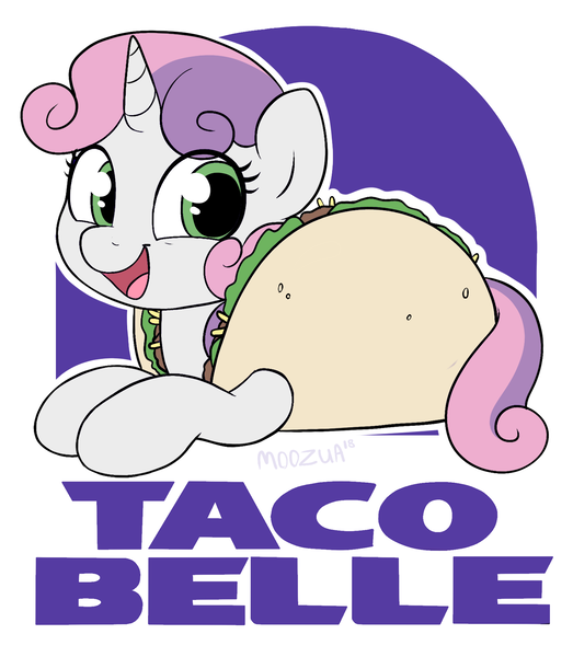 Size: 1477x1695 | Tagged: safe, artist:moozua, derpibooru import, sweetie belle, pony, cute, diasweetes, fast food, female, food, horse meat, meat, moozua is trying to murder us, pony as food, pun, smiling, solo, sweet dreams fuel, taco, taco bell, taco belle, visual pun