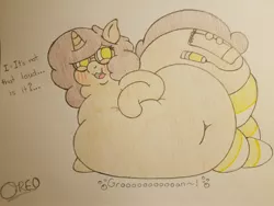 Size: 2016x1512 | Tagged: suggestive, artist:dorky-oreo-pone, derpibooru import, oc, oc:gadget flare, unofficial characters only, pony, belly, belly button, big belly, blushing, chubby cheeks, clothes, draw me like one of your french girls, fat, fat fetish, female, fetish, glasses, huge belly, morbidly obese, obese, signature, socks, solo, solo female, squishy, stomach noise, striped socks, traditional art