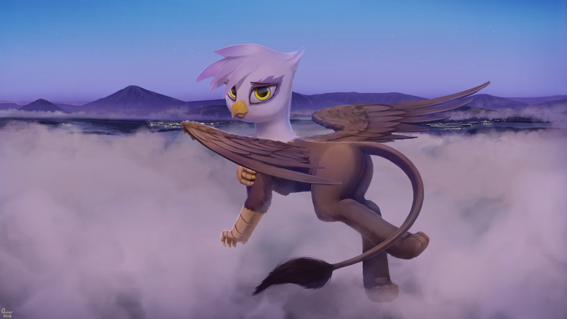 Size: 2560x1440 | Tagged: safe, artist:quvr, derpibooru import, gilda, gryphon, cloud, cute, female, gildadorable, looking at you, looking back, looking back at you, night, perfect lighting, plot, scenery, scenery porn, solo