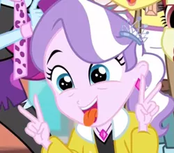 Size: 611x536 | Tagged: safe, derpibooru import, screencap, diamond tiara, mystery mint, vignette valencia, equestria girls, equestria girls series, rollercoaster of friendship, clothes, cropped, cute, diamondbetes, me my selfie and i, peace sign, silly face, solo focus, tongue out, victory sign