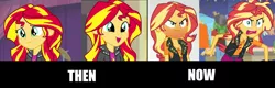 Size: 2861x917 | Tagged: safe, derpibooru import, edit, screencap, sunset shimmer, equestria girls, equestria girls series, rainbow rocks, rollercoaster of friendship, angry, blushing, blushing profusely, comparison, cute, frown, geode of empathy, glare, happy, it's not about the parakeet, jewelry, messy hair, necklace, open mouth, red face, smiling, then and now, tongue out, wrath