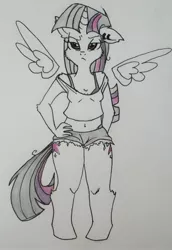 Size: 1767x2567 | Tagged: alicorn, anthro, artist:frootytoots, cheek fluff, clone, clothes, derpibooru import, ear piercing, hand on hip, mean twilight sparkle, pen, pencil drawing, piercing, safe, shorts, solo, tanktop, the mean 6, traditional art, unamused, unguligrade anthro