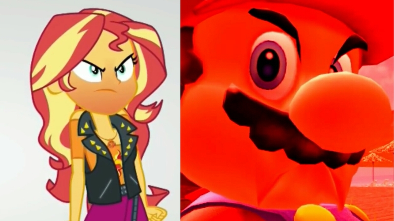 Size: 2560x1440 | Tagged: safe, artist:optimussparkle, derpibooru import, edit, screencap, sunset shimmer, equestria girls, equestria girls series, rollercoaster of friendship, 3d, angry, comparison, gmod, mario, red face, smg4, super mario bros.