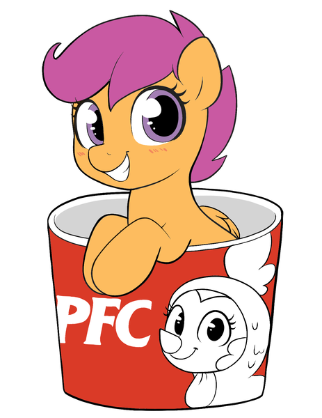 Size: 1264x1639 | Tagged: safe, artist:moozua, derpibooru import, pinkie pie, scootaloo, bird, chicken, pegasus, pony, animal costume, blushing, chicken pie, chicken suit, clothes, costume, cute, cutealoo, female, filly, kfc, moozua is trying to murder us, overused joke, scootachicken, scootaloo is not a chicken, simple background, solo, white background