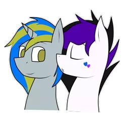 Size: 2023x1960 | Tagged: safe, artist:patataislive, derpibooru import, oc, oc:songsky, unofficial characters only, pegasus, pony, unicorn, black hair, colored, couples, crush, cute, design, duo, female, kissing, love, male, mare, oc x oc, photoshop, purple hair, romance, shipping, simple background, skyblue eyes, stallion, straight, transparent background, vector, yellow eyes, yellow hair