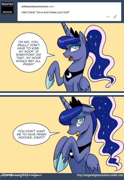 Size: 600x871 | Tagged: safe, artist:johnjoseco, derpibooru import, princess luna, alicorn, pony, ask gaming princess luna, gamer luna, ask, comic, cute, dialogue, looking at you, lunabetes, ponytail, solo, tumblr