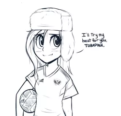 Size: 801x761 | Tagged: safe, artist:higgly-chan, derpibooru import, trixie, equestria girls, cyrillic, dialogue, football, hat, monochrome, russian, solo, ushanka, world cup, world cup 2018