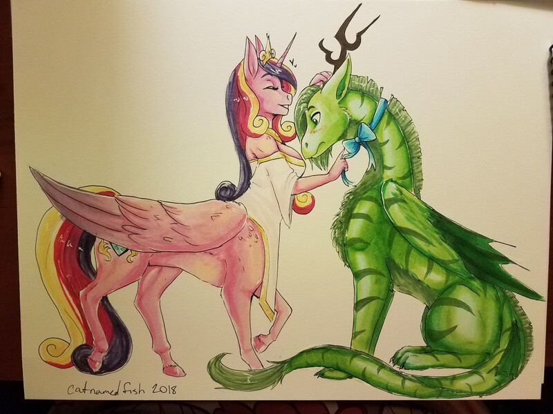 Size: 2016x1512 | Tagged: alicorn, anthro, anthro centaur, antlers, artist:askbubblelee, beard, blushing, bow, breasts, busty princess cadance, centaur, clothes, crown, cutie mark, derpibooru import, dragon, dragon oc, eyes closed, facial hair, feathered dragon, female, jewelry, mare, oc, oc:rye, ponytaur, princess cadance, regalia, ribbon, safe, signature, simple background, smiling, taur, traditional art