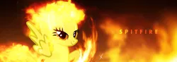 Size: 1833x647 | Tagged: safe, artist:alterhouse, derpibooru import, spitfire, pegasus, pony, abstract background, female, fire, lidded eyes, looking at you, mane of fire, mare, raised hoof, smiling, solo, spitfiery, spread wings, wings