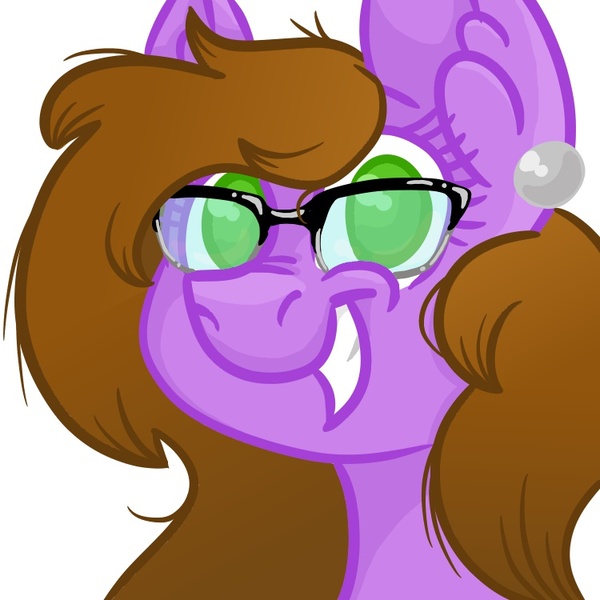 Size: 750x750 | Tagged: safe, derpibooru import, oc, oc:lilac sciath, pegasus, pony, black glasses, brown mane, bust, chubby cheeks, digital art, ear fluff, ear piercing, earring, ears, eye lashes, female, fire alpaca, glasses, green, green eyes, jewelry, mare, messy hair, messy mane, nose, piercing, portrait, profile, purple, round face, silver earrings, smiling, teeth, wearing glasses