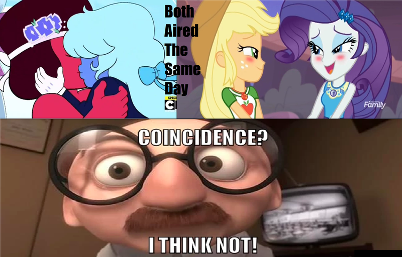 Size: 2442x1562 | Tagged: safe, derpibooru import, applejack, rarity, equestria girls, equestria girls series, rollercoaster of friendship, spoiler:steven universe, coincidence i think not, female, geode of super strength, lesbian, meme, rarijack, ruby, sapphire, shipping, shipping fuel, spoilers for another series, steven universe, the incredibles
